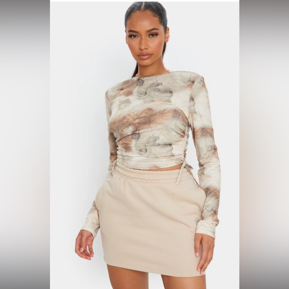 Beige Jersey Tie Ruched Side Long Sleeve Crop Top